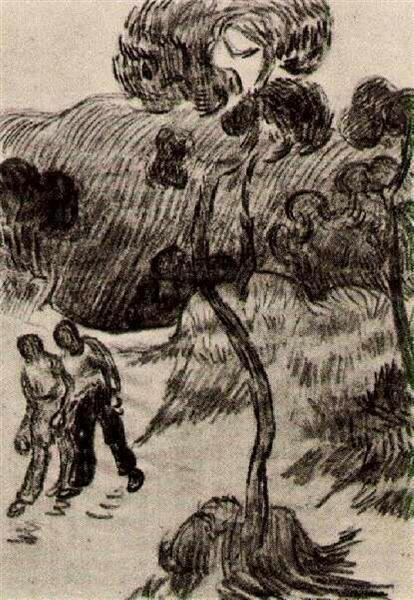 Two Men Walking in a Landscape with Trees, 1890 - 梵谷