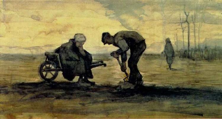 Weed Burner, Sitting on a Wheelbarrow with his Wife, 1883 - Vincent van Gogh