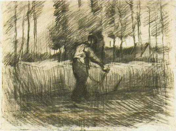 Wheat Field with Trees and Mower, 1885 - Винсент Ван Гог