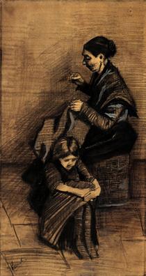 Woman Sewing, with a Girl - Vincent van Gogh