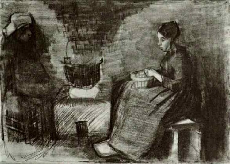 Woman, Sitting by the Fire, Peeling Potatoes, Sketch of a Second Figure, 1885 - 梵谷