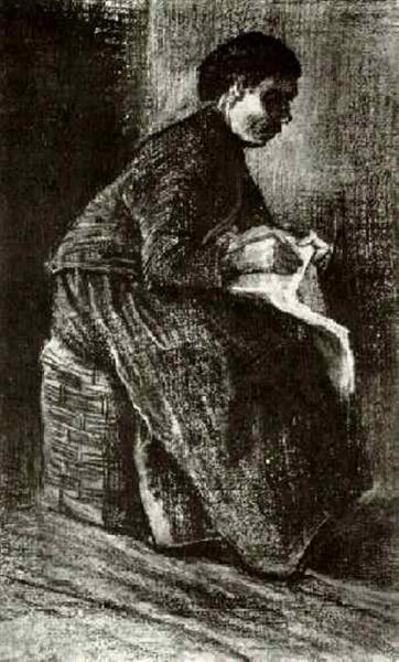 Woman Sitting on a Basket, Sewing, 1883 - 梵谷