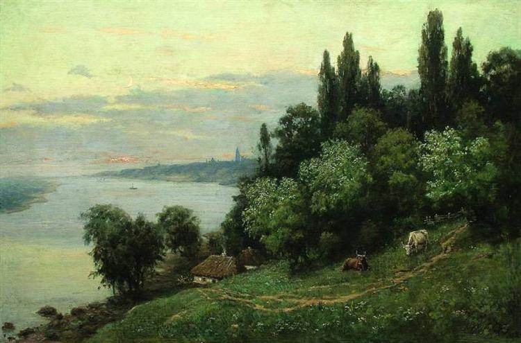 Sunset over the river, 1890 - Владимир Орловский