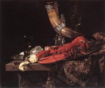 Nature morte avec la corne à boire de la corporation des archers de Saint-Sébastien, un homard et des verres - Willem Kalf