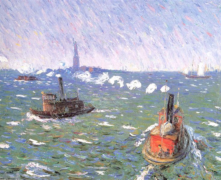 Breezy Day, Tugboats, New York Harbor, 1910 - William James Glackens
