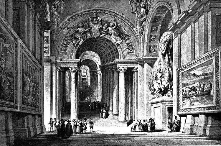 Giovanni Lorenzo Bernini's Scala Regia in the Apostolic Palace, Vatican, drawing by Leitch, engraving by E. Challis, 1835 - William Leighton Leitch