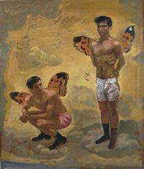 Two men with butterfly wings , black shoes - Yiannis Tsaroychis