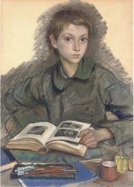 Portrait of Aleksandr Serebriakov studying an album - Zinaida Serebriakova